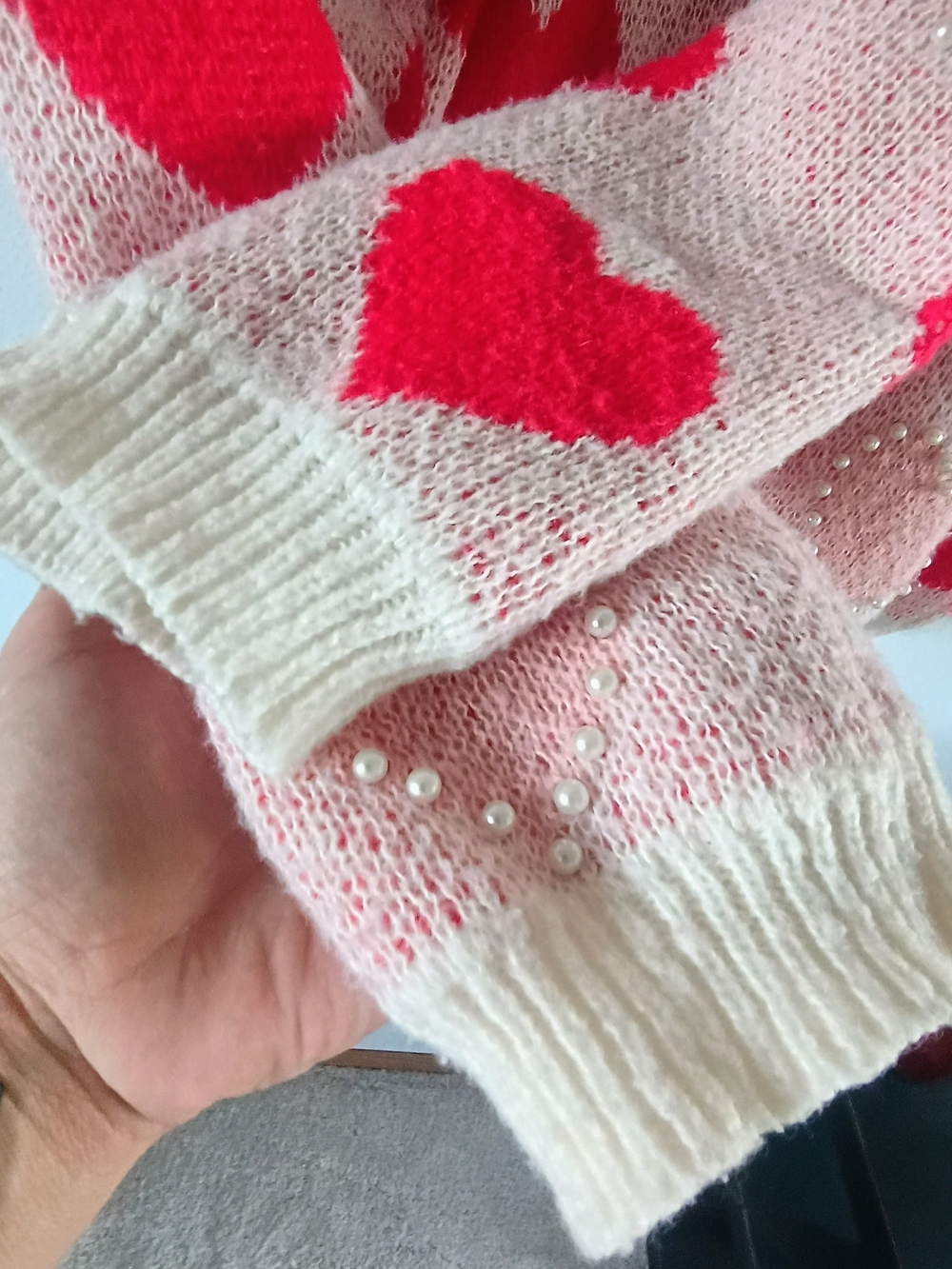 JK XL Pink Heart Sweater Rhinestone Valentine Coquette Fuzzy Knit Pullover Top - Picture 3 of 9